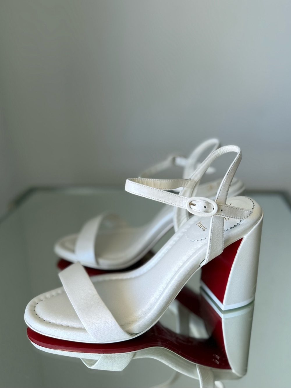 Christian Louboutin White Leather Block Heel Sandals with Red Sole